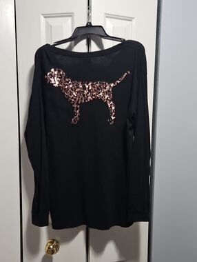 RARE HTF Victoria's Secret Pink Bling Long Sleeve Campus Tee Leopard Dog